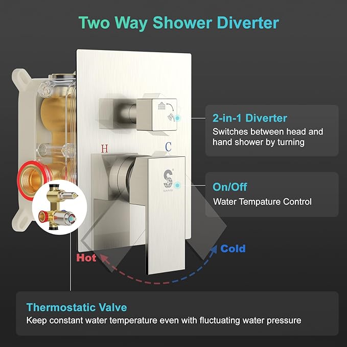 SR SUN RISE 12 Inch Square Shower System, Rain Shower Head and Slide Bar Handheld Shower Faucet Wall Mounted Combo Set Included Valve and Trim Kit for Bathroom, Brushed Nickel