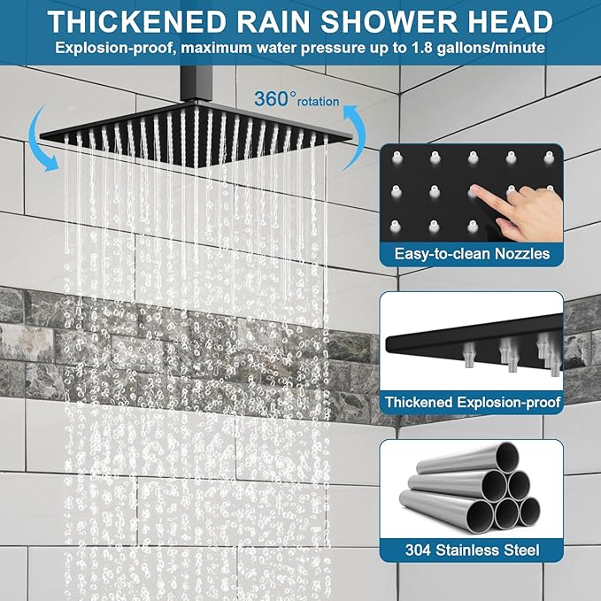Shower Faucet Set Matte Black Shower System, Ceiling Mount 10 Inch Shower Head With Wall Mount 6 Inch Shower Head and 2 in 1 Handheld Spray, Push Button Diverter Shower Valve Trim Kit Complete