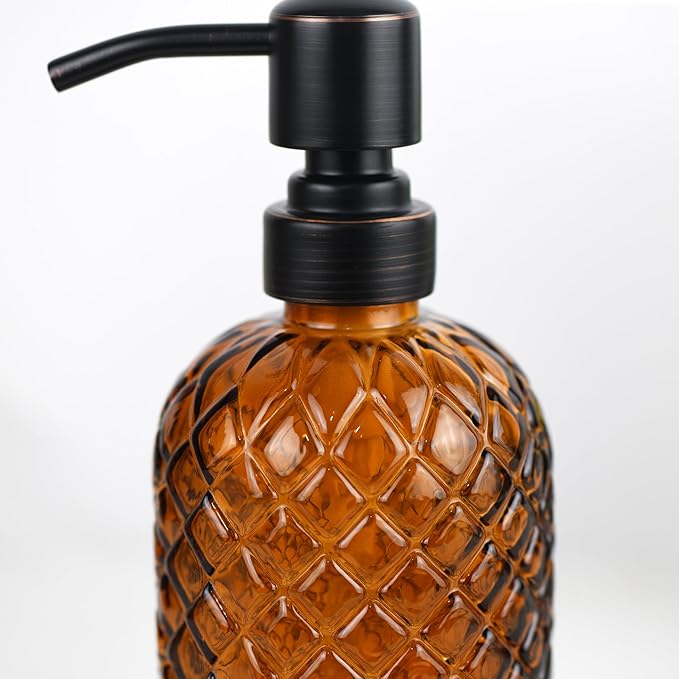 16 oz Glass Soap Dispenser with Stainless Steel Vintage Brushed Bronze Pump Head, Refillable Gemstone Pattern Soap Dispenser for Hand Soap, Dish Soap, and Lotion (Amber)