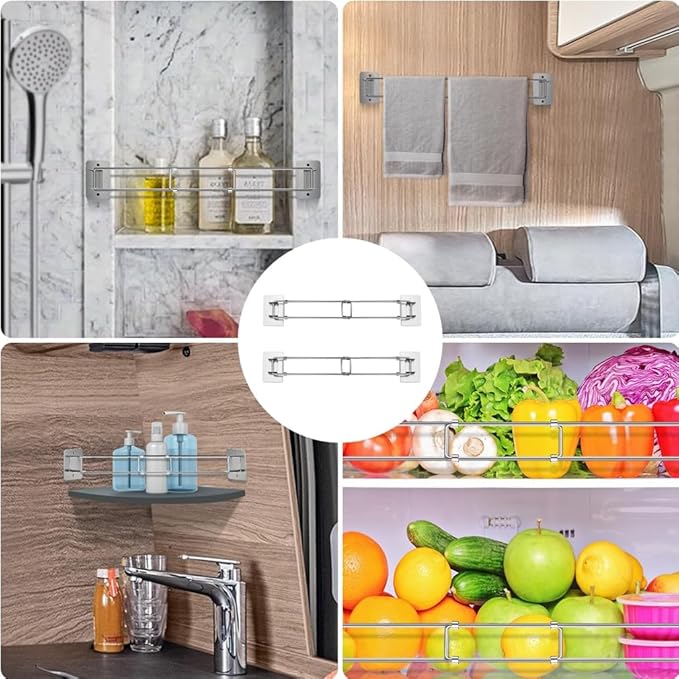 RV Shower Corner Storage Bar, RV/Camper/Travel Trailer Bathroom Corner Stainless Steel Storage Bar, 7.8~13.4in Adjustable (2 Pack)