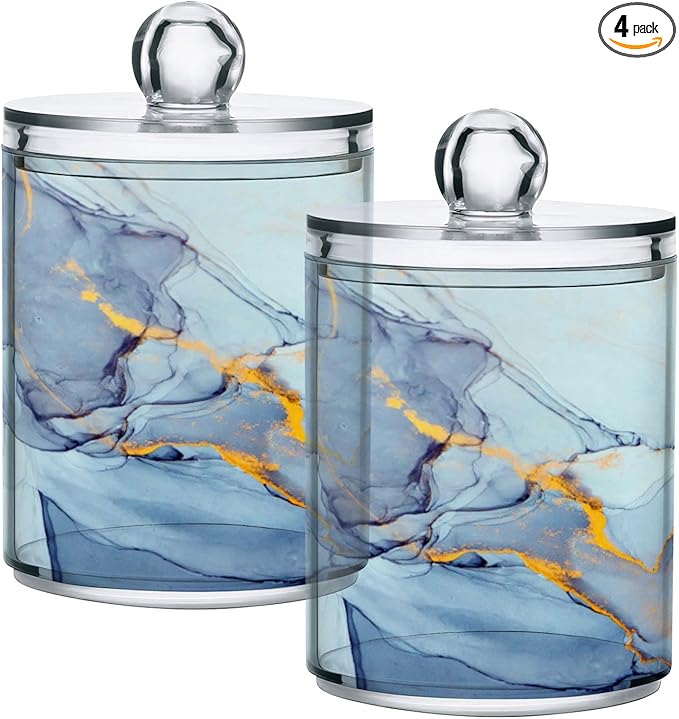MNSRUU 4 Pack Qtip Holder Organizer Dispenser Teal Blue Marble Bathroom Containers Bathroom Vanity Storage Canister Apothecary Jars for Cotton Swabs/Pads/Floss