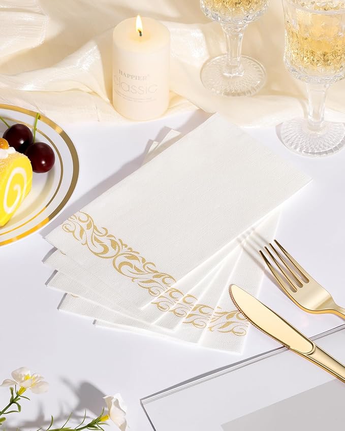 Goodluck 200 Pack 3-Ply Disposable Napkins - Soft & Absorbent Paper Hand Towels for Bathroom Guests, Dinner Party, Kitchen,Christmas， Wedding & Events, Parties - Floral Gold Trim