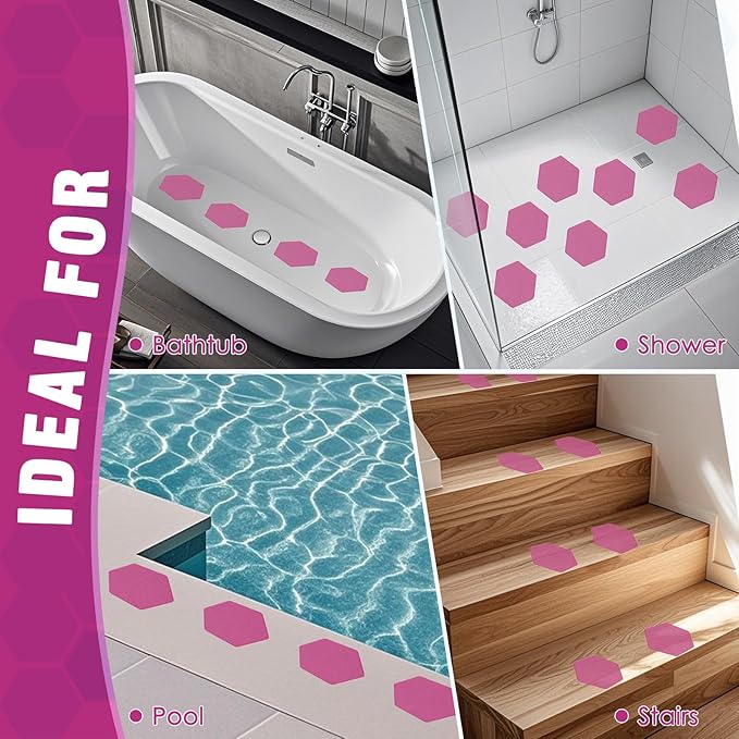 S&X 24 Pcs Non Slip Bathtub Stickers (Large 4.7" Hexagon), Oversized Anti Slip Shower Treads with Scraper, High Traction Grit Safety Bath Decals for Tub Floor, Stairs - Waterproof & Durable(Purple)