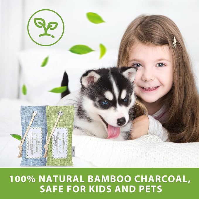 CLEVAST 6 Pack Bamboo Charcoal Air Purifying Bags(6x60g), Activated Natural Home Odor Absorber, Deodorizer and Moisture Eliminator, Purifier for Closet, Shoe, Car Air freshener, Pet Safe