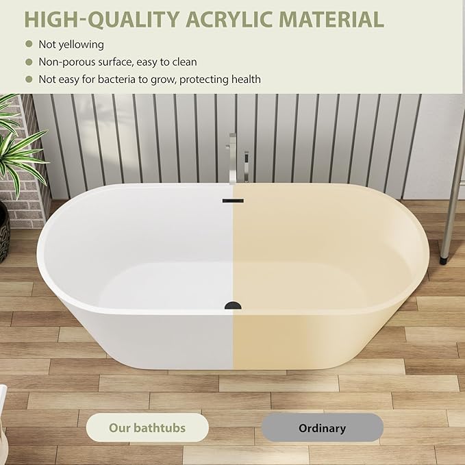 67" Acrylic Freestanding Bathtub - Mocloo Modern Elegant Soaking Stand Alone Bathroom Tub, Matte White, Overflow and Black Offset Drain