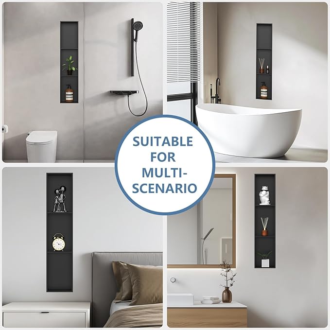 Homevacious 8" X 36" Stainless Steel Shower Niche No Tile Needed Matte Black 3 Tier Bathroom Shelf Rimless Recessed Wall Niche for Bathroom Storage