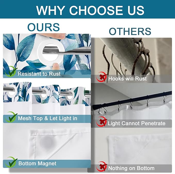 No Hook Shower Curtain and Liner Set, Dark Blue Eucalyptus Floral Shower Curtains for Bathroom, Bath Curtain Sets with Snap in Liner, Waterproof with See Through Top Window, 71x74 Inches