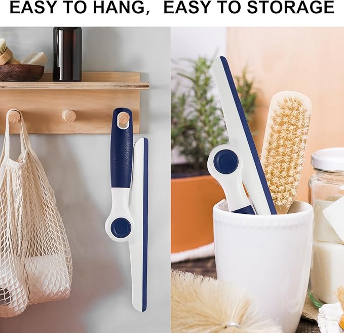 9.5" Foldable Window Squeegee, Handheld Squeegee with Soft Handle for Window Cleaning，Glass Doors, Car Windshields，Shower Doors，Blue