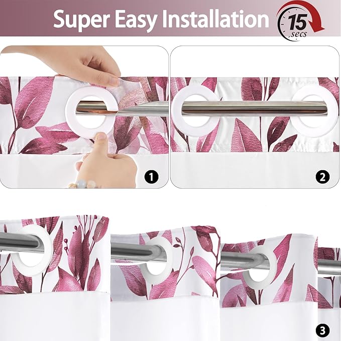 No Hook Shower Curtain and Liner Set, Dark Red Eucalyptus Floral Shower Curtains for Bathroom, Bath Curtain Sets with Snap in Liner, Waterproof with See Through Top Window, 71x74 Inches