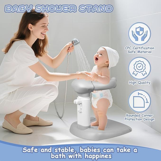 Adjustable Baby Bath Stand with Anti-Slip Base, Sturdy Baby Stand Up Shower, Huggable Bear Stand Bath Support for Babies 6 Months & up, Easy to Install | Anti-Pinch & Dumping, Mothers Hands-Free
