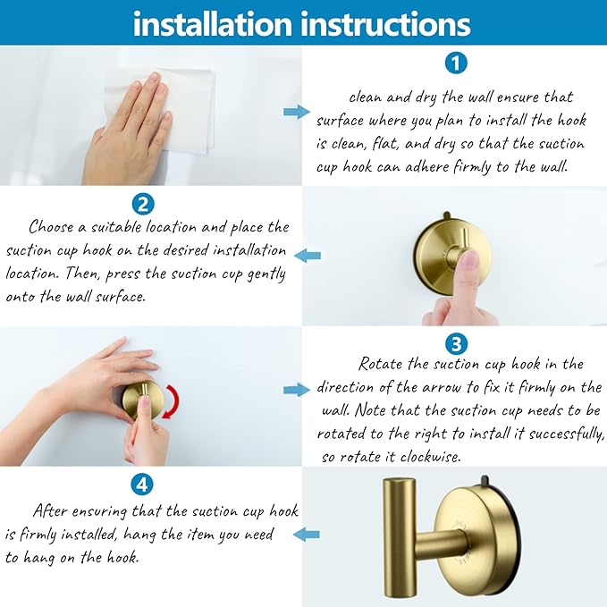 DGYB Large Suction Hooks for Bathrooms - Gold Towel Hooks Stainless Steel - 15 Lb Capacity - Removable, Heavy Duty