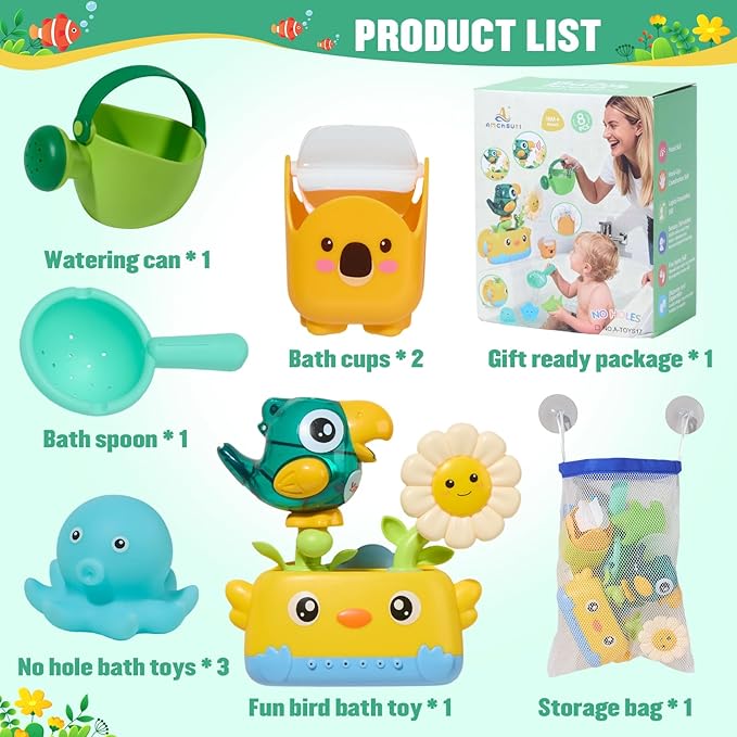 Baby Bath Toys for Kids Ages 1-3 Mold Free Bath Toys for Toddler 2-4 with Interactive Sensory Bathtub Water Pool Shower Toys with Bath Cups for 12+ Months Boys Girls Christmas Birthday Gifts