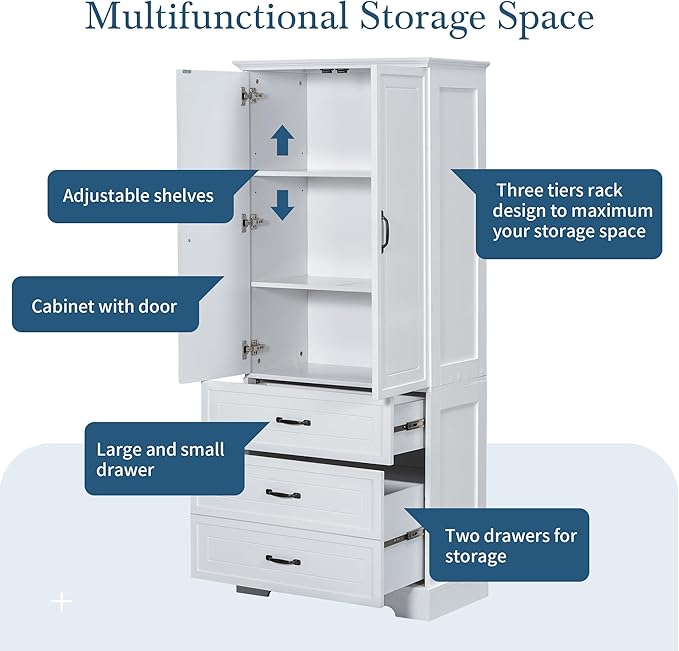 Favfurish 69" Tall Bathroom Storage Cabinet with Doors and 2 Drawers,Modern Linen Cabinets w/Adjustable Shelf & Magnetic Door Stopper,Freestanding Organizer for Dining Room,Kitchen,Office,White