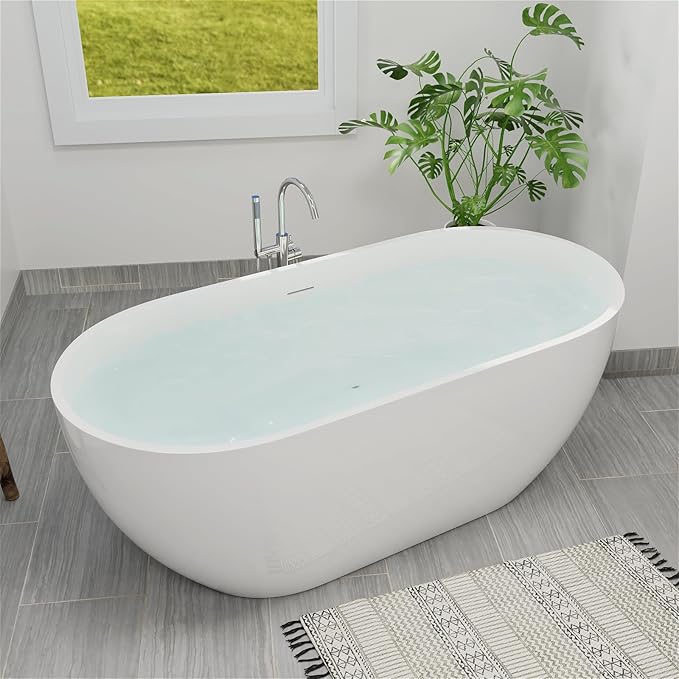 65" Acrylic Freestanding Bathtub, Double Ended Free Standing Tub, Soaking Tub with Integrated Slotted Overflow, Toe-Tap Chrome Drain, cUPC Certified, Glossy White