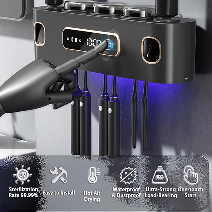 Rechargeable Toothbrush Holders for Bathrooms,Toothbrush Holder Wall Mounted with 3 Cups,Automatic Toothpaste Dispenser Bathroom Accessories Set (Grey)