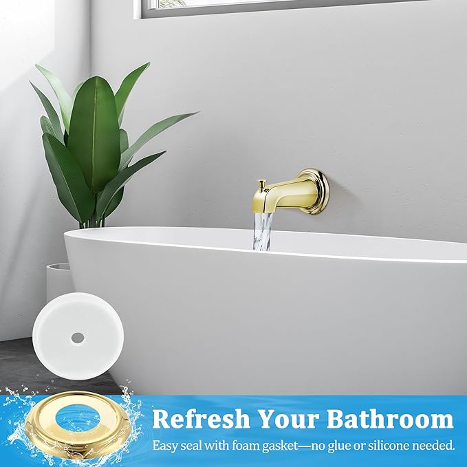Enhon Metal Tub Spout Cover Ring, Bathroom Faucet Remodeling Wall Plate with Foam Gasket, 1-1/2 Inch ID and 3-5/8 Inch OD (Polished Brass)