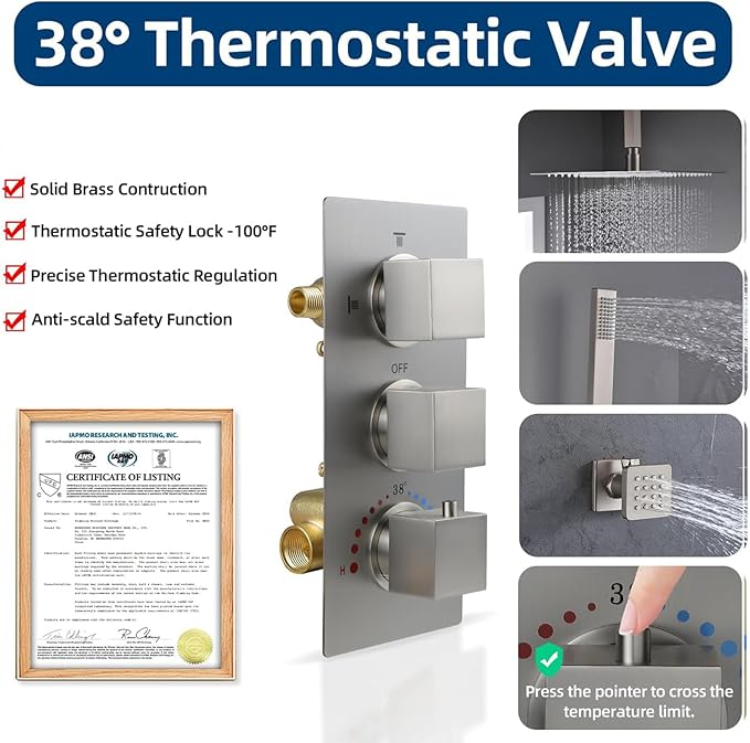 HOMEDEC Solid Brass 4 Outlets Shower Diverter Valve, Thermostatic 4-Way 3 Handles Control Shower Mixing Valve Trim Kit Rough In Replacement, Brushed Nickel