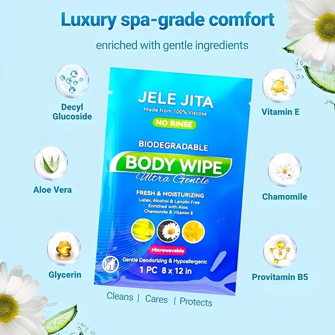 Ultra Gentle Body Wipes No Rinse, 60 Individually Wrapped Personal Hygiene Shower Wipes for Women and Men, Spa-Grade Comfort, Biodegradable, Great for Gym Travel Camping Post Surgery 8"x12" Unscented