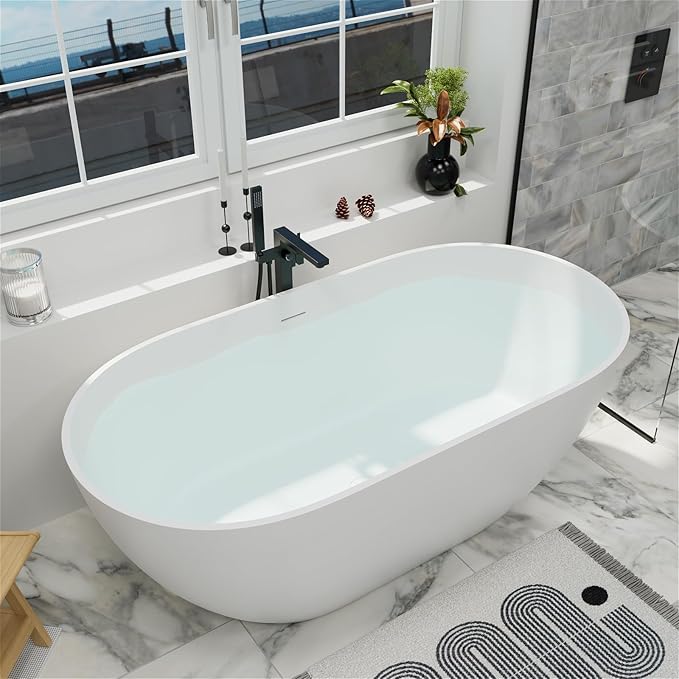 GIVINGTREE 59'' Freestanding Solid Surface Resin Stone Bathtub, Contemporary Design Stand Alone Tub with Pop-up Drain and Overflow, cUPC Certified, Matte White