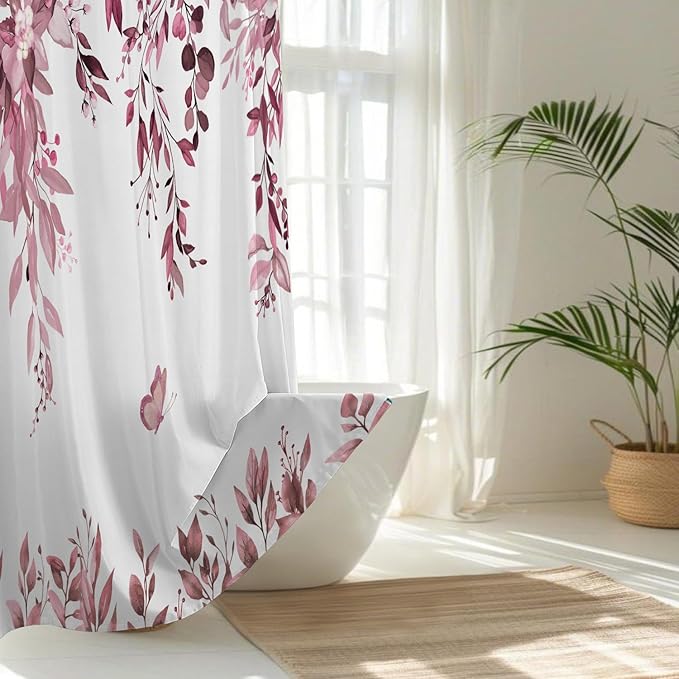 No Hook Shower Curtain and Liner Set, Dark Red Eucalyptus Floral Shower Curtains for Bathroom, Bath Curtain Sets with Snap in Liner, Waterproof with See Through Top Window, 71x74 Inches