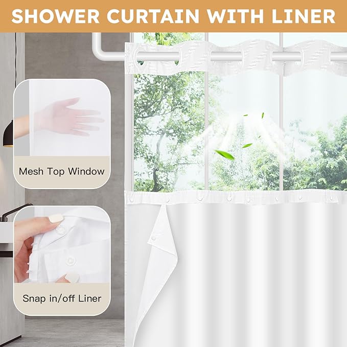 No Hook Shower Curtain and Snap in Liner Set White Tufted Chevron Striped Cloth Waterproof Washable Fabric Boho Bath Curtain with See Through Mesh Top Window for Bathroom Hotel 71" x 74"
