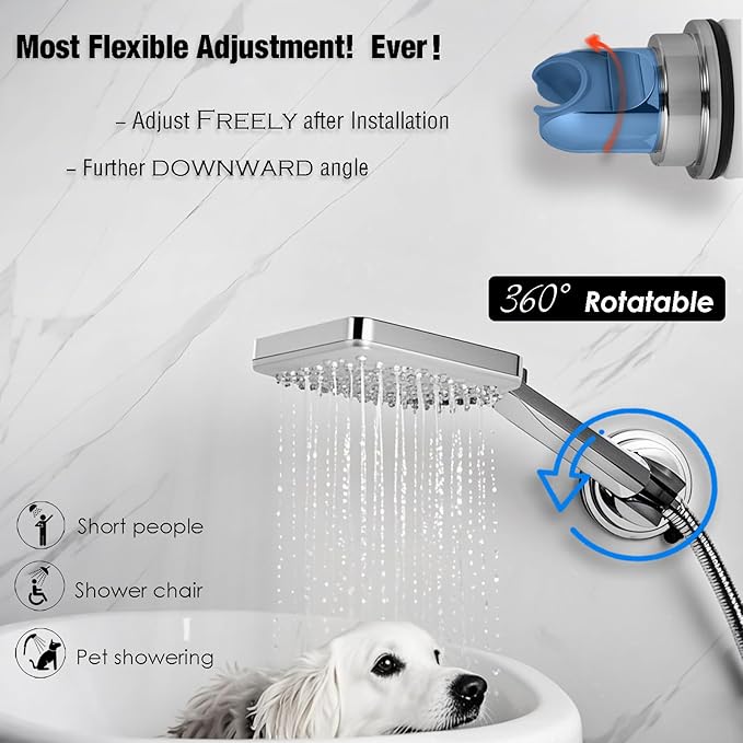 Handheld Shower Head Holder with Enhanced Suction Cup - Relocatable - 4 Angles Adjustable - 90° Downward - Bathroom Wall Mount Shower Wand Holder (Polished Chrome)