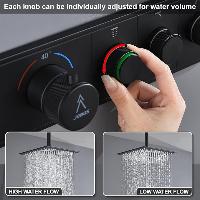 Shower System Brass Thermostatic Shower Faucet Set With Valve and Diverter Shower Mixer With Rain Head and Handheld High Pressure Square Rainfall