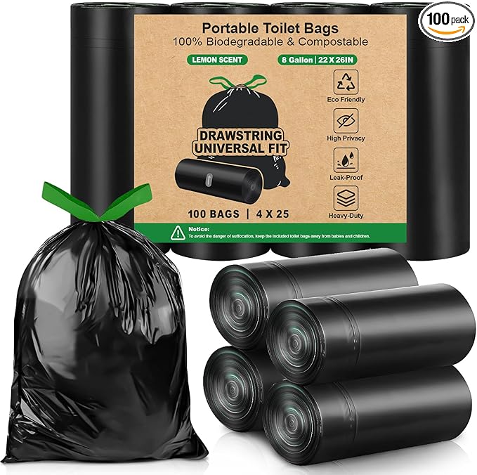 100 Camping Toilet Bags Drawstring, 8 Gallon Portable Toilet Bags Use with 5 Gallon Bucket, Porta Potty for Camping Bathroom Travel Backpacking
