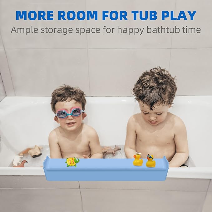Splash Guard for Bathtub, 3.8" x 3.6" Silicone Bath Tub Splash Guard with 6 Suction Cups, Bathtub SplashGuard Play Shelf Area for Kids with 3°Drainage Slope for Faster Drying - Blue