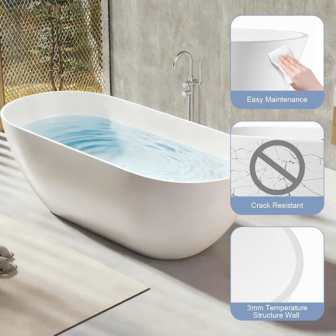 59 Inch Solid Surface Freestanding Bathtub, Oval Shaped Soaking Stone Resin Bath Tub with Brushed Overflow and Drain, Matte White Stand Alone Bathtub, cUPC Certified