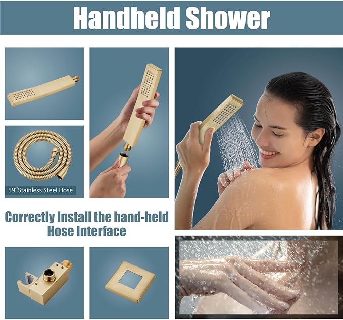 Aolemi Shower Faucet Set Rain Shower System with Handheld Spray Bathroom Shower Combo Rough-in Valve and Shower Trim Kit Included Brushed Gold 12 Inch Wall Mount Shower Head