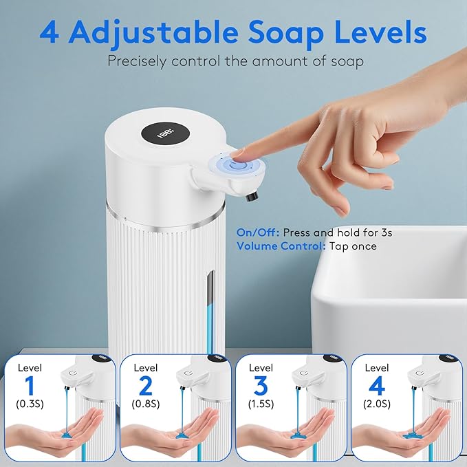 2025 Upgrade Automatic Soap Dispenser Touchless, 14.2oz/420ml Dish Hand Soap Dispenser for Bathroom and Kitchen, 4 Adjustable Volume, USB Rechargeable, Clog-Free, Large Capacity, White