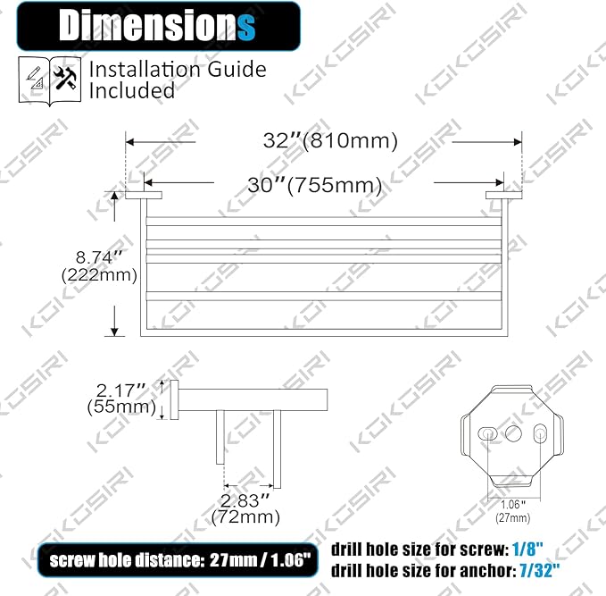 KOKOSIRI 32'' Bathroom Towel Shelf Chrome Towel Rack with Two Bath Towel Bars SUS304 Stainless Steel Wall Mounted, Polished Finish B6003CH-L32