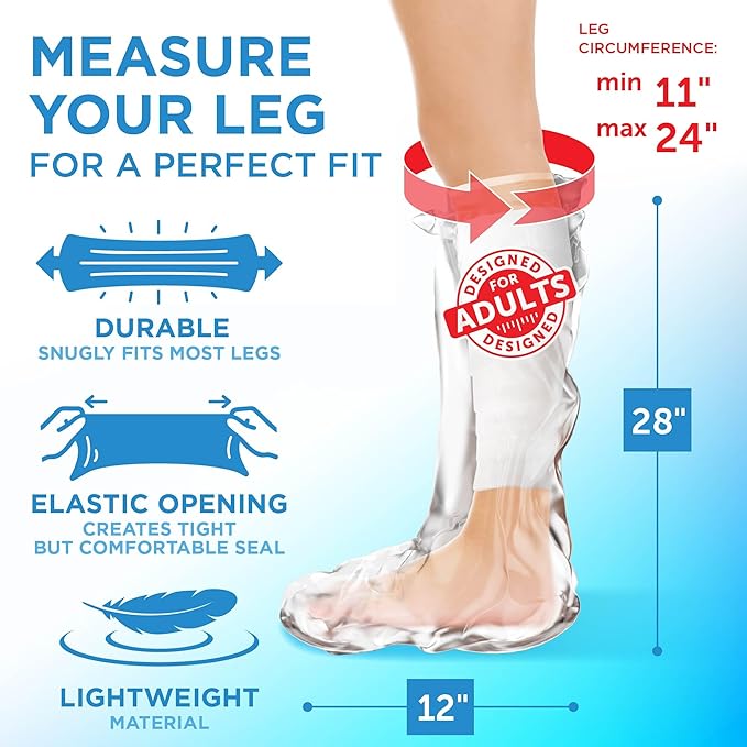 100% Waterproof Cast Covers for Shower Leg - 2pk - Tight Seal - Reusable Adult Half Leg Cast Protectors - Knee, Ankle, Foot - After Surgery Bandage and Dressing Cast Bag for Wounds and Burns