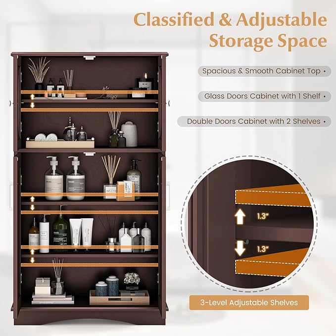 Tangkula Freestanding Floor Cabinet w/2 Glass Doors, 3-Level Adjustable Shelves, Anti-toppling Design, Kitchen Pantry Cupboard for Bathroom, Living Room (Brown)
