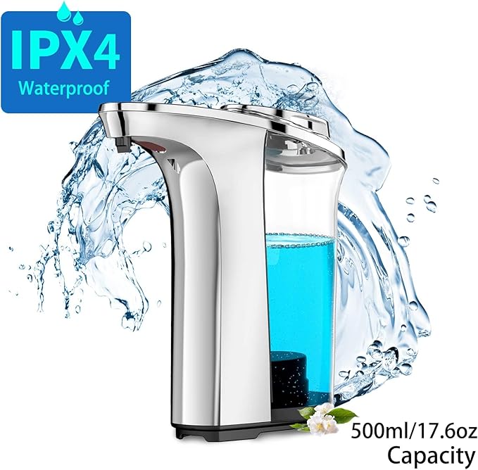 Automatic Soap Dispenser, Touchless Sensor Hand Soap Dispenser 17oz/500ml Silver, Adjustable 5 Dispensing, Refillable Reservoir, Battery Powered for Kitchen & Bathroom