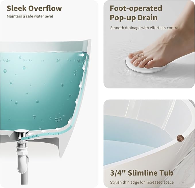 Abruzzo 59" Free Standing Solid Surface Resin Stone Bathtub, Contemporary Oval Soaking Tub with Overflow and Pop-up Drain, cUPC Certified，Matte White