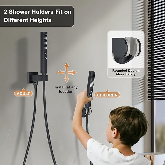 Rain Shower System Matte Black Shower Faucet Set, Dual Rainfall Shower Head Set with 2 in 1 Handheld Spray, Wall Mounted Bathroom 12-inch & 6-inch Square Showerheads with Valve, Matte Black