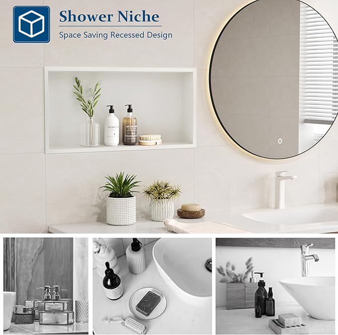 Neodrain White Recessed Shower Niche Shelf Bathroom Cabinet in Wall (Inner Size 24" X 12"x4") Stainless Steel No Tile Needed Wall Niche for Bathroom Storage