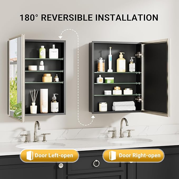 Pre-Assembled Surface or Recessed Medicine Cabinet Mirror-60x30 Brushed Nickel Bathroom Medicine Cabinet with Mirror & Rustproof Aluminum Frame, Beveled Bathroom Vanity Mirror with Storage