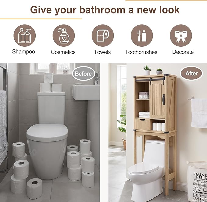 Over The Toilet Storage Cabinet, Farmhouse Storage Cabinet with Adjustable Shelves and Sliding Barn Door, Free Standing Over Toilet Bathroom Organizer (Natural Oak)