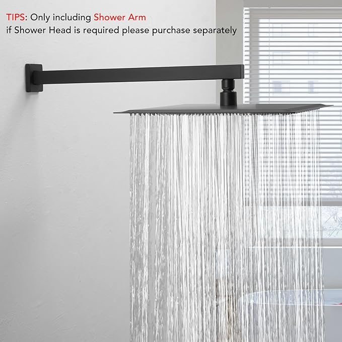 BESy 16 Inches Straight Extended Shower Arm With Flange, Rain Shower Head Extension Arms, Square Shower Rod Shower Head Extender Arm Shower Pipe Extension, Wall-Mounted Matte Black Stainless Steel
