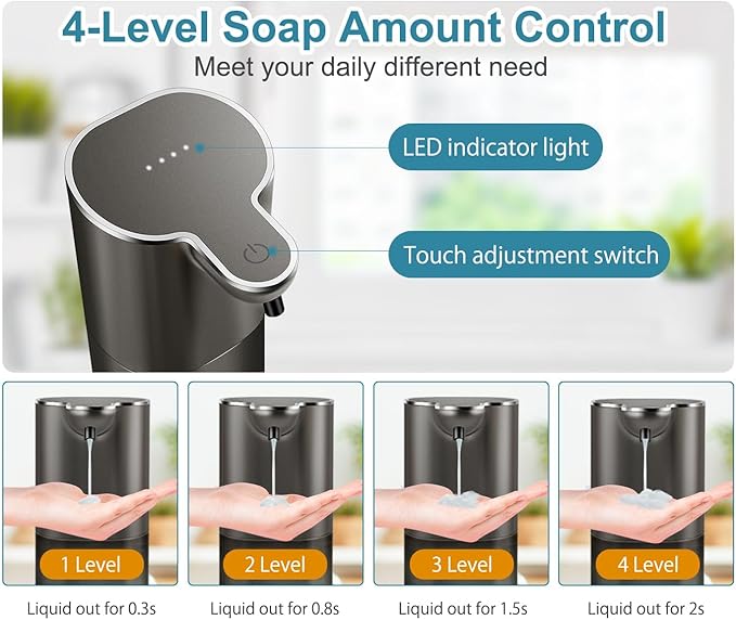 Automatic Liquid Soap Dispenser with 4 Adjustable Volume Control, Touchless Rechargeable Hands Free Auto Soap Dispenser for Kitchen, Bathroom, Hotel, Restaurant,13.5oz/ 400ml