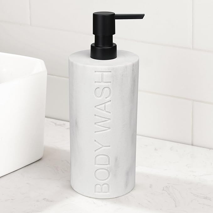 Resin White Marbled Body Wash Engraved Bottle Refillable Pump Dispenser, Durable Waterproof Construction for Bath, Shower - Resin White Marble - Matte Black Pump