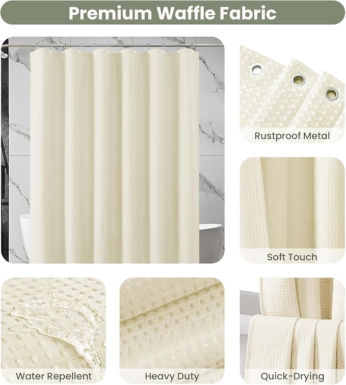 Inhousolu Fabric Shower Curtain Waffle Weave, 230 GSM Heavy Duty, Weighted Hem, 14 Metal Hooks, Water Repellent, Machine Washable, Hotel Spa Luxury Bath Curtain Set, 72 x 96 Inch, Ivory