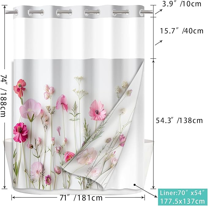 No Hook Shower Curtain Set with Snap in Fabric Liner for Bathroom,with See Through Top Window,Double Shower Curtain with Detachable Liner Replacement,Machine Washable,Pink Flower,71"x 74"