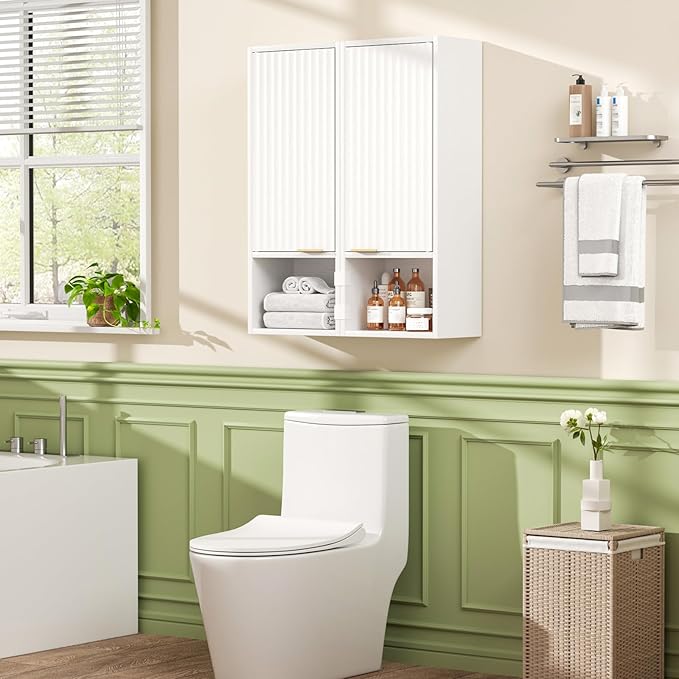59.1" Tall Slim Bathroom Storage Cabinet White | Freestanding or Wall Mounted Modular Cabinet, Fluted Panel Linen Tower with Adjustable Shelves for Small Spaces