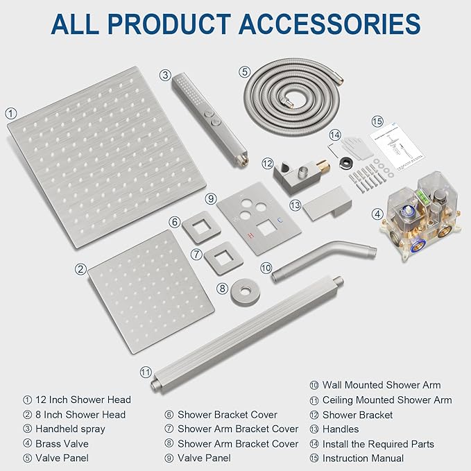 Shower Faucet Set Brushed Nickel Shower System, Ceiling Mount 12 Inch Shower Head With Wall Mount 6 Inch Shower Head and 2 in 1 Handheld Spray, Push Button Diverter Shower Valve Trim Kit