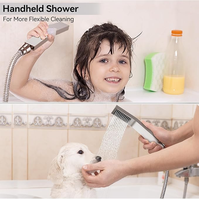 Rain Shower System Brushed Nickel, STARBATH 12+6" Double Rain Shower Head and Handheld Spray for Two Person, Ceiling Mount 3 Way Shower Faucet Set with 5 Diverter Valve and Trim Kit Complete