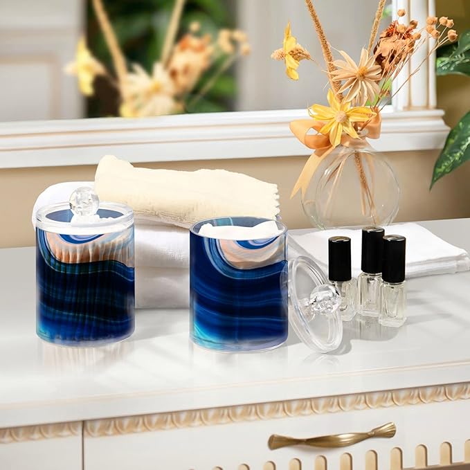 MNSRUU 2 Pack Qtip Holder Organizer Dispenser Marble Bathroom Storage Canister Cotton Ball Holder Bathroom Containers for Cotton Swabs/Pads/Floss